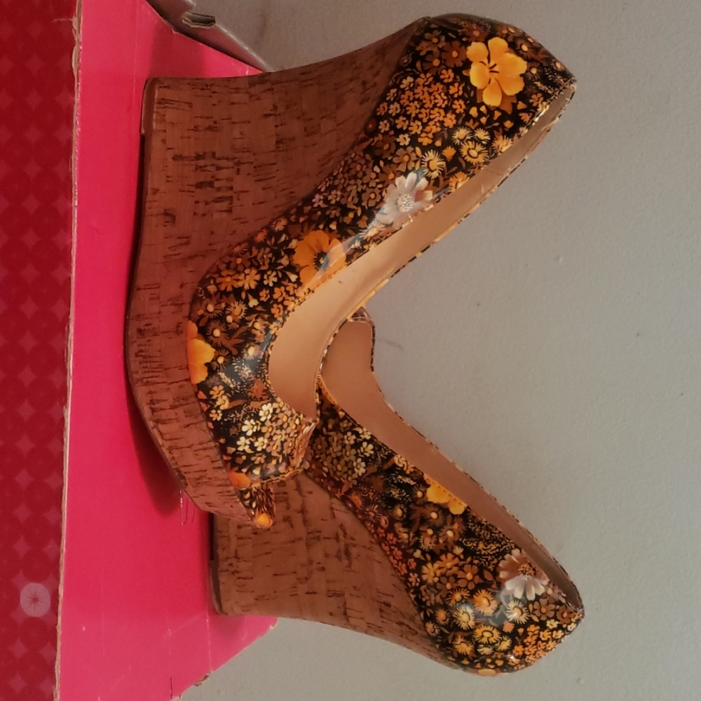 Black Floral and Cork Wedges